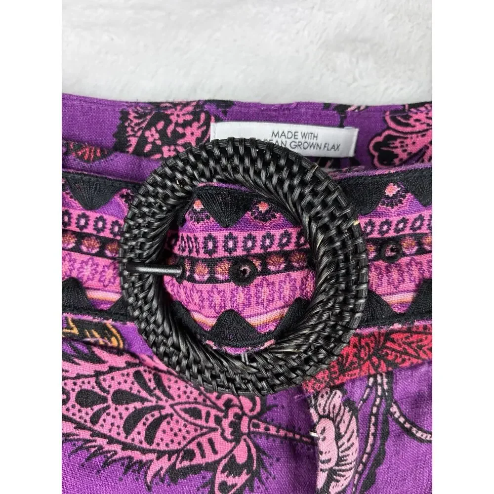 Nicole Miller New York Linen Shorts Womens 6 Purple Floral Print Belted Boho